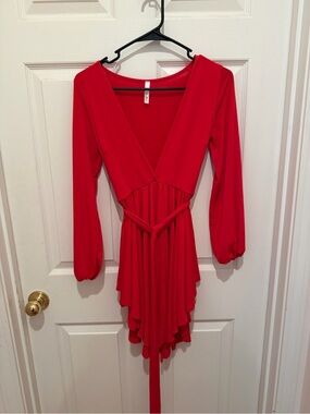 Line & Six Red Tie Waist Long Sleeve Mini Dress S
